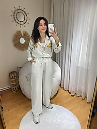 HAM KETEN BELİ LASTİKLİ BOL PAÇA PANTOLON KREM