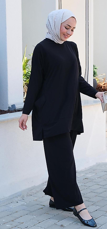 Sendy Kumaş Yanları Cepli Siyah Takim