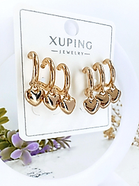 Xuping Vip Seri Kalp Model Gold Renk Çelik Küpe (2 cm) ( Tek kulak deliği ile 3 küpe görünümü)