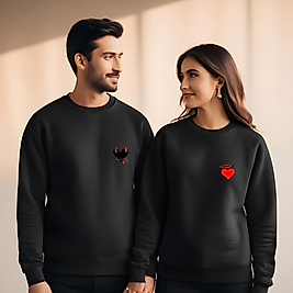 Melek ve Şeytan görselli kombin Bisiklet Yaka Erkek kadın Slimfit Sweatshirt