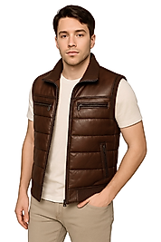 Max Hakiki Deri Erkek Kahverengi Triko Detaylı Şişme Yelek