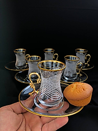 12 Parça Geniş Tabak İnce Belli Çay Seti Gravür Sarı Nebula