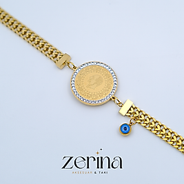 Zincirli Çeyrek Altınlı ve Nazar Boncuklu Gold Çelik Kadın Bileklik