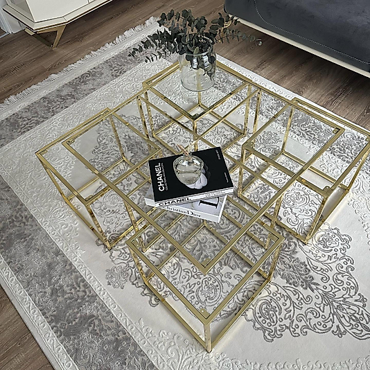 PARLAK GOLD KARE 4+1 PİZZA ORTA SEHPA KOMPLE ŞEFAF CAM