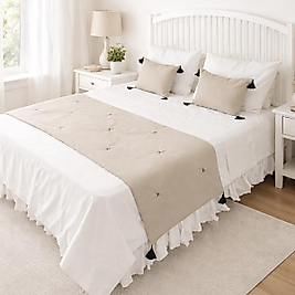 Yatak Runner Seti Çift Kişilik Taş Keten Püsküllü