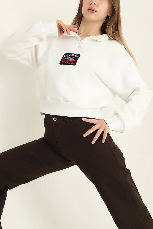 Beyaz Şardonlu Nakışlı Üç İp Sweat