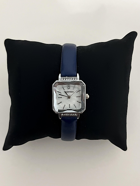 Silver Taşlı Lacivert Deri Kordon Kare Saat