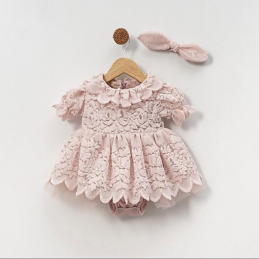 Dora Gül Desenli Dantel Kız Bebek Romper Pudra