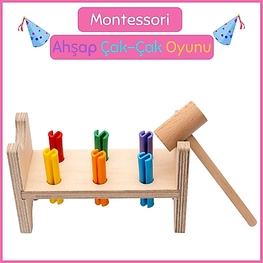 Montessori Renkli Ahşap Çak-Çak, Çekiç Oyunu