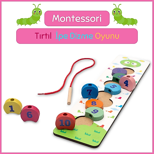 Montessori Eğitici Ahşap Tırtıl İpe Dizme Oyunu