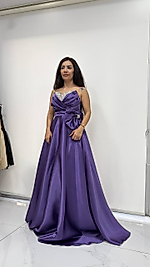 Sude  Organze Yakası Kristal Taş Mor Abiye 1026
