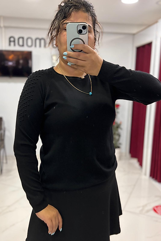 Omuz Detaylı Bisiklet Yaka Siyah Triko