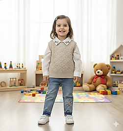 2 - 5 Yaş Arası Dokuma Süveter, Gömlek ve Kot Pantolonlu Üçlü Kız Çocuk Takım