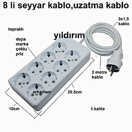 SEYYAR KABLO UZATMA KABLO 8Lİ GRUP PRİZ ÇOKLU GİRİŞ