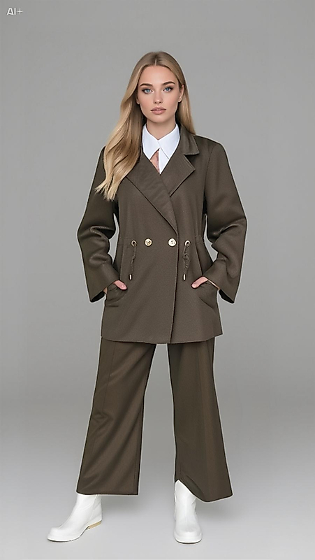 Düğme Detaylı Örme Kupra Zümrüt Takım