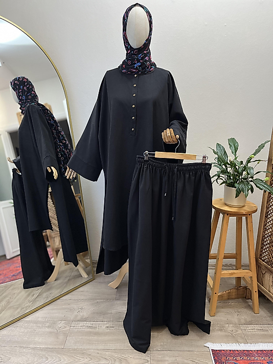 Siyah Abaya Kol - Etekli Keten Festival Cilbab Takım (Asimetrik Kesim)