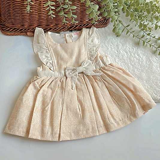 Vint Botanical Keten Kız Bebek Elbisesi Kahve Köpüğü