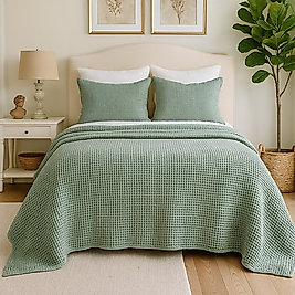 Waffle %100 Pamuk Yatak Örtüsü Zeytin Yeşili Renk Çift Kişilik 230x250 cm