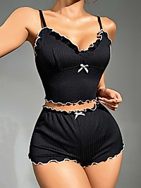 Kadın Siyah Fitilli Askılı Şortlu Pijama Takım 5042