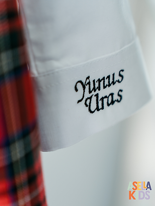 Erkek Çocuk Kırmızı Ekose Salopet Takım - Kurşun Asker Nakışlı