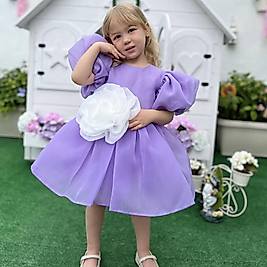 Şifon Kısa  Kollu Gül Detaylı Lila Kız Çocuk Elbisesi