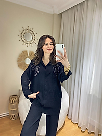 HAM KETEN TAŞ İŞLEMELİ GÖMLEK SİYAH