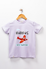 Kız Çocuk Kısa Kollu Bisiklet Yaka "Hürkuş Biz Yaptık" Baskılı Tişört Mevsimlik Pamuklu