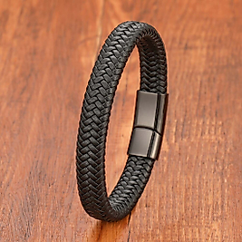 Siyah Deri Örgü Çelik Bileklik