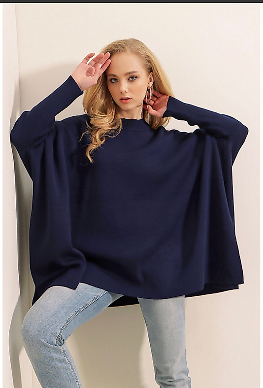 Oversize,Düz,Standart Beden Panço Kazak Lacivert