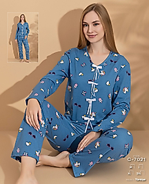 Karışık Desenli Fiyonk Detaylı Pijama Takımı 7021