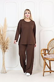 Oşho kumaş Uzun Kollu Biye Detaylı Rahat Kalıp Spor Günlük Eşofman Takım Kahverengi