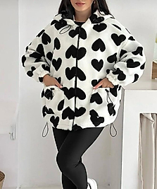 Kadın Oversize Kalp Desenli Polar Mont beyaz– Sıcak & İddialı Stil