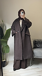 Kahverengi Balıksırtı Oversize Kaşe Kaban