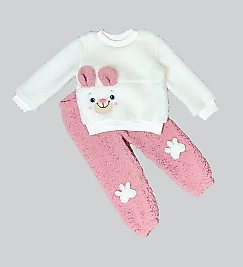 1-2-3 Yaş Kulaklı Patili Ayıcık Kuzu Kumaş Sweat Patili Pantolon Uzun Kollu Kız Erkek 2 Li Takımı Gül Kurusu