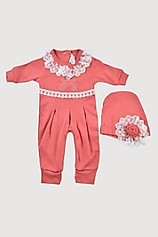 Mercan Dantelli Yaka Kız Bebek Tulum Takım + Şapka 0-12 Ay