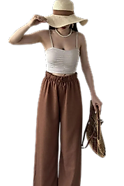 Yüksek Bel Beli Büzgülü Pantolon -KAHVERENGİ