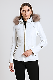 Ursula Hakiki Deri Kadın Beyaz Kürk Kapüşonlu Mont