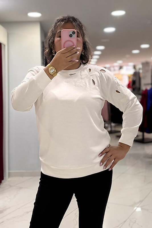 Krem Omuz Detaylı Triko Sweatshirt