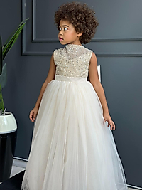 Kız Çocuk Tasarım Bej Renk Taş İşlemeli Elbise