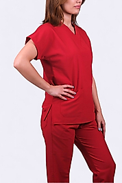 Kırmızı Likralı Unisex Yarasa Kol Hemşire Ve Doktor Forması Takımı