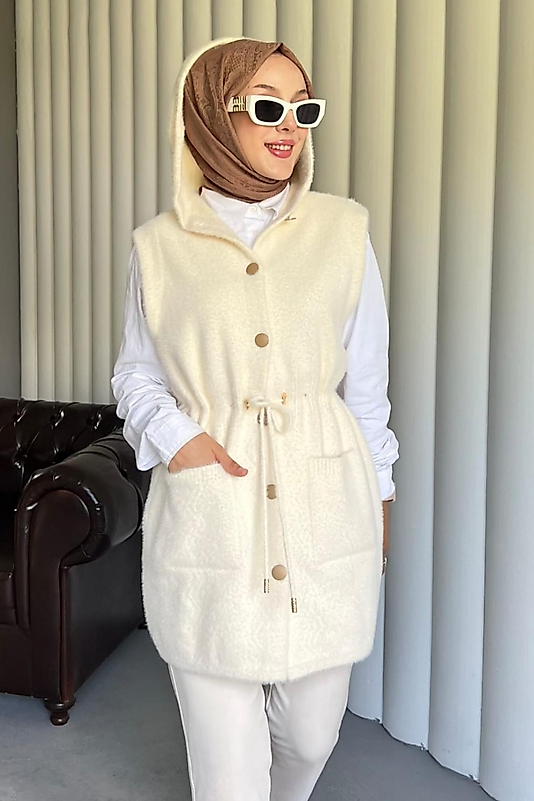Angora Kapşonlu Cepli Beli Baglamali Yelek