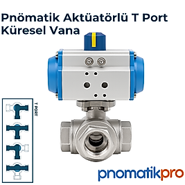 Pnömatik Aktüatörlü T Port Paslanmaz Küresel Vana
