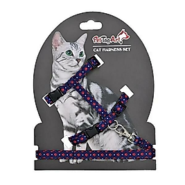 PetTagArt Lacivert Kırmızı Pati Desenli Ayarlanabilir Kedi Göğüs Tasma Seti 10 mm 110 cm
