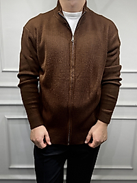 Tam Fermuarlı Basic Hırka - Kahverengi