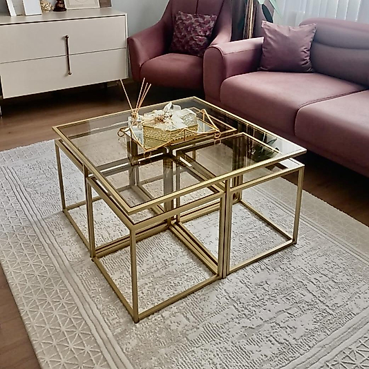 MAT GOLD KARE 4+1 PİZZA ORTA SEHPA KOMPLE BRONZ CAM