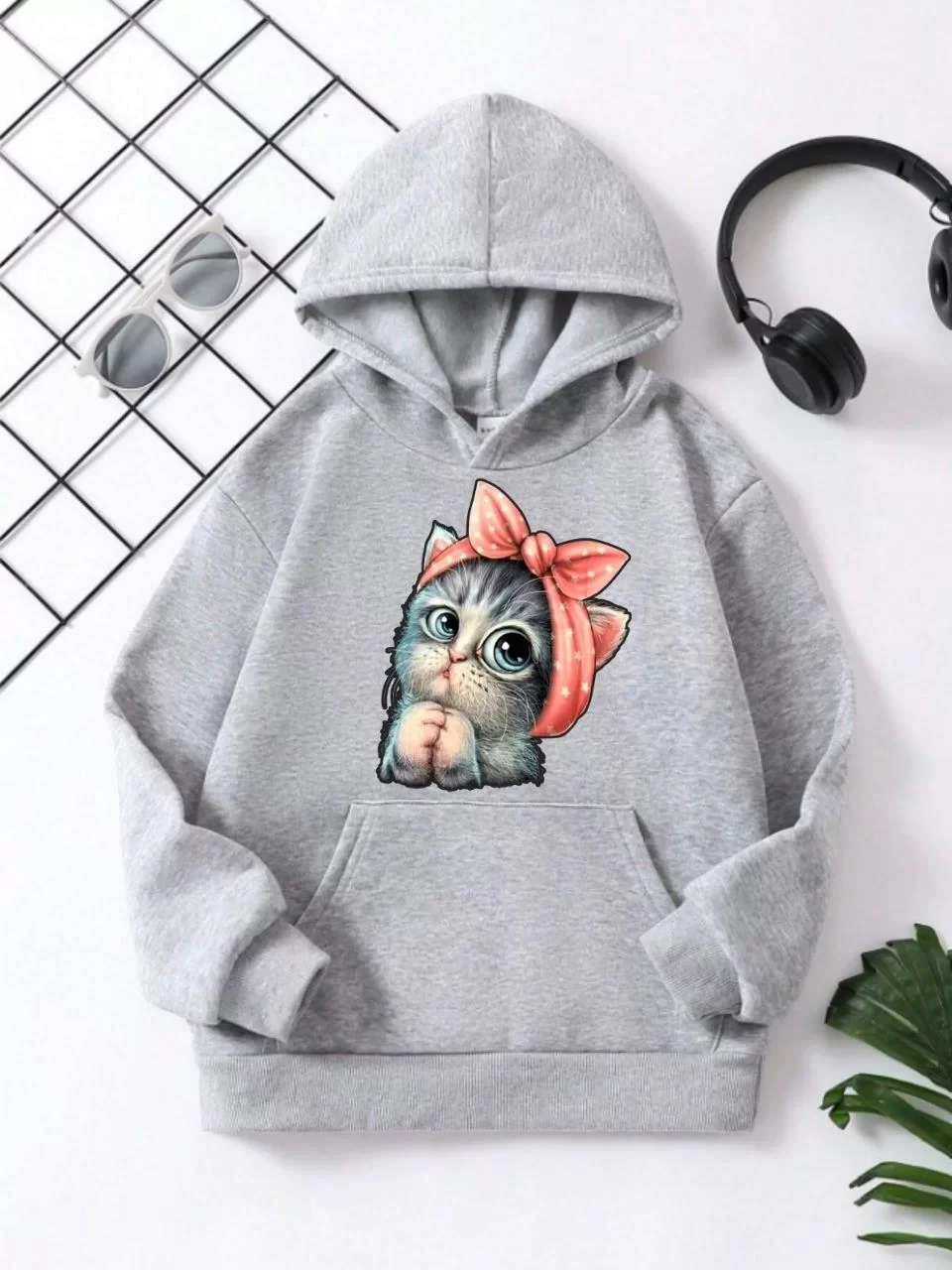 Çocuk Unisex Kapüşonlu Tatlı Kedi Baskılı Pamuklu Sweatshirt - Gri