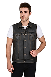 İndiana Hakiki Deri Erkek Siyah Biker Motorcu Tarzı Kot Model Yelek