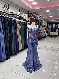 Amabilis Taşlı İp Askılı Transparan Yırtmaçlı Abiye PUDRA