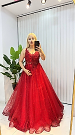 Femina  Kırmızı Boncuk İşlemeli Kabarık  Tül Abiye