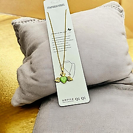 Çelik kolye melek kanatlı kalp yeşil taşlı 45 cm